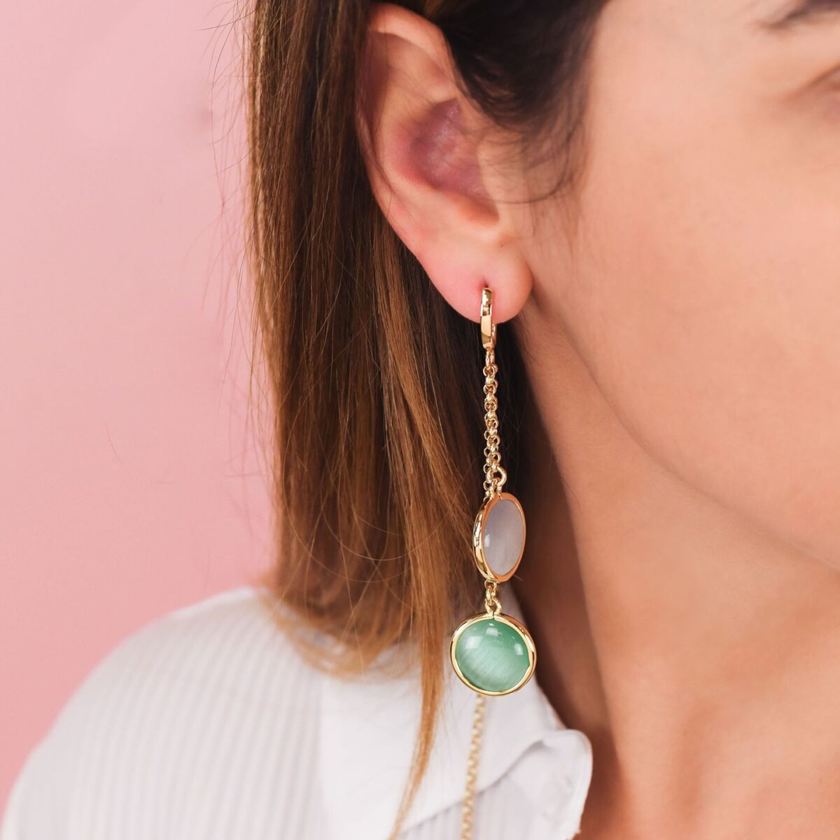 Σκουλαρίκια με διπλούς κρυστάλλους σε γκρι και γαλαζοπράσινο χρώμα - Image 2